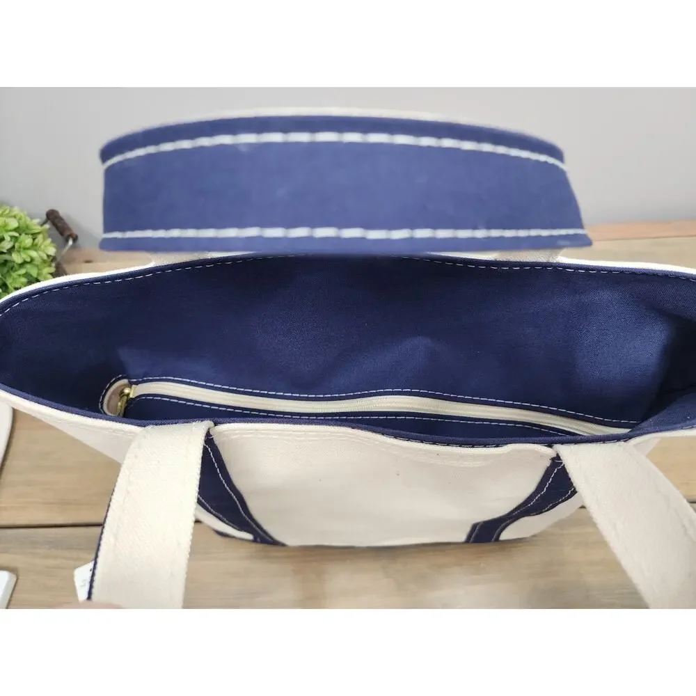 L.L.BEAN Vintage Zip Top Boat and Tote Medium Natural Navy Canvas 16x12 USA - Picture 16 of 16